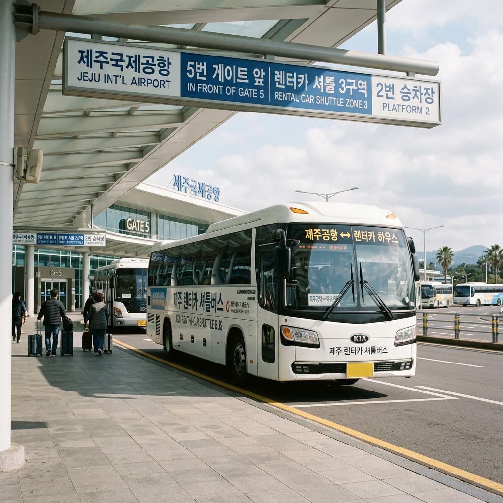 제주공항 5번 게이트 앞 3구역 2번 승차장에 정차해 있는 깔끔한 렌터카 셔틀버스