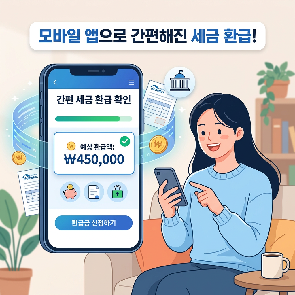 모바일 앱으로 세금 환급을 간편하게 확인하는 그래픽 일러스트레이션