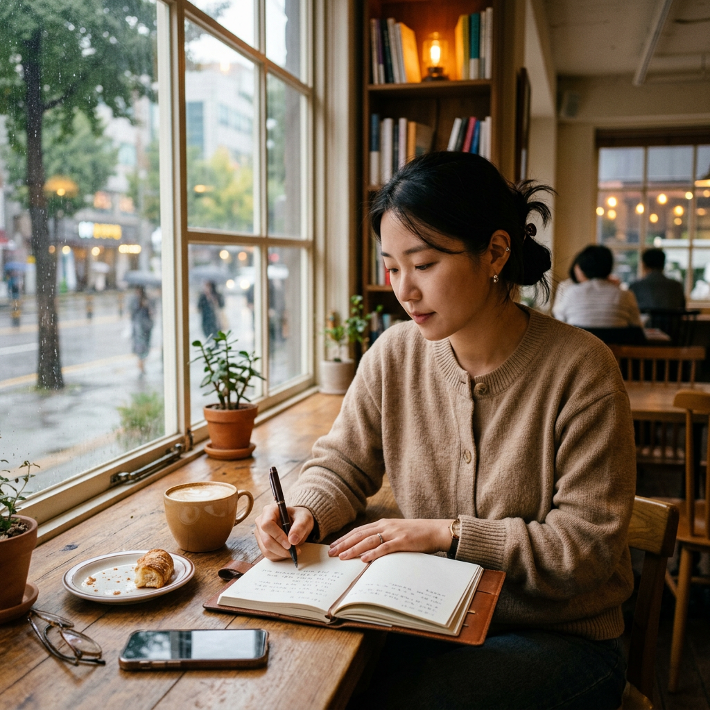조용한 카페 창가에 앉아 다이어리에 자신만의 투자 원칙과 목표를 차분하게 적고 있는 사람의 감성적인 사진