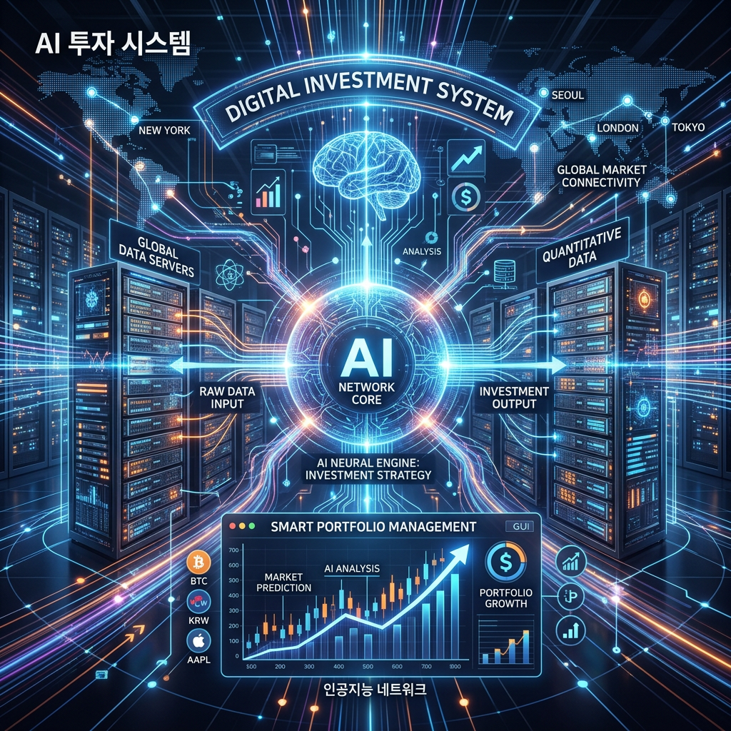 인공지능 네트워크와 데이터 서버가 결합된 미래지향적인 디지털 투자 그래픽