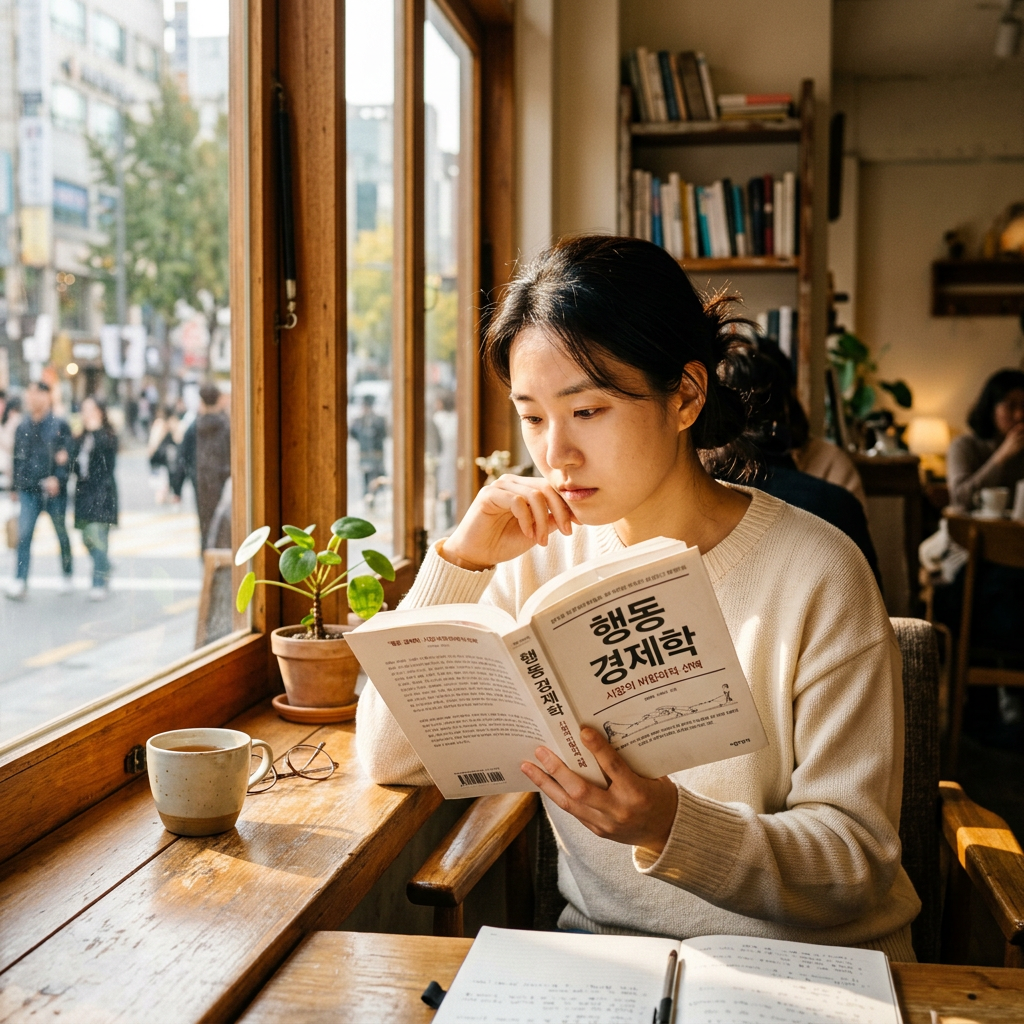 햇살이 들어오는 창가에서 경제 관련 도서를 진지하게 읽고 있는 사람의 모습