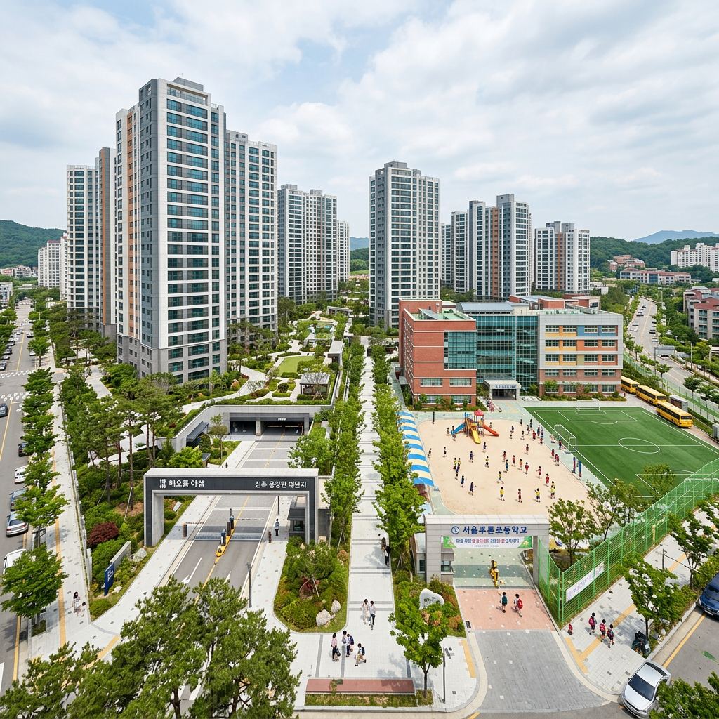 초등학교와 인접한 쾌적하고 웅장한 대단지 신축 아파트의 전경
