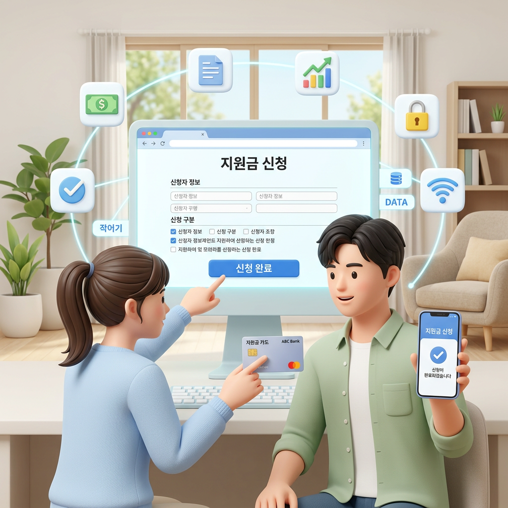 신용카드와 스마트폰 앱을 이용해 온라인으로 지원금을 신청하는 3D 일러스트