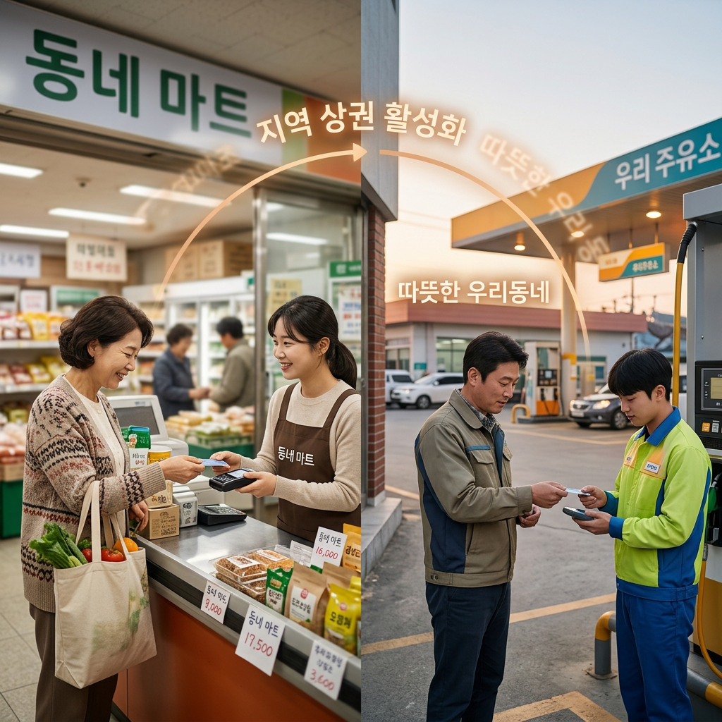 동네 마트와 주유소에서 결제하는 모습, 지역 상권 활성화를 의미하는 따뜻한 분위기의 사진