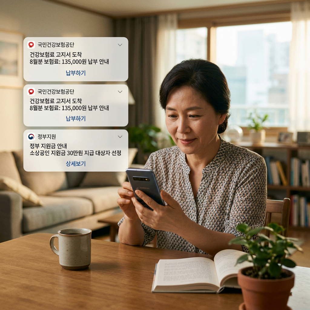 스마트폰으로 건강보험료 고지서와 정부 지원금 안내 문구를 확인하는 모습