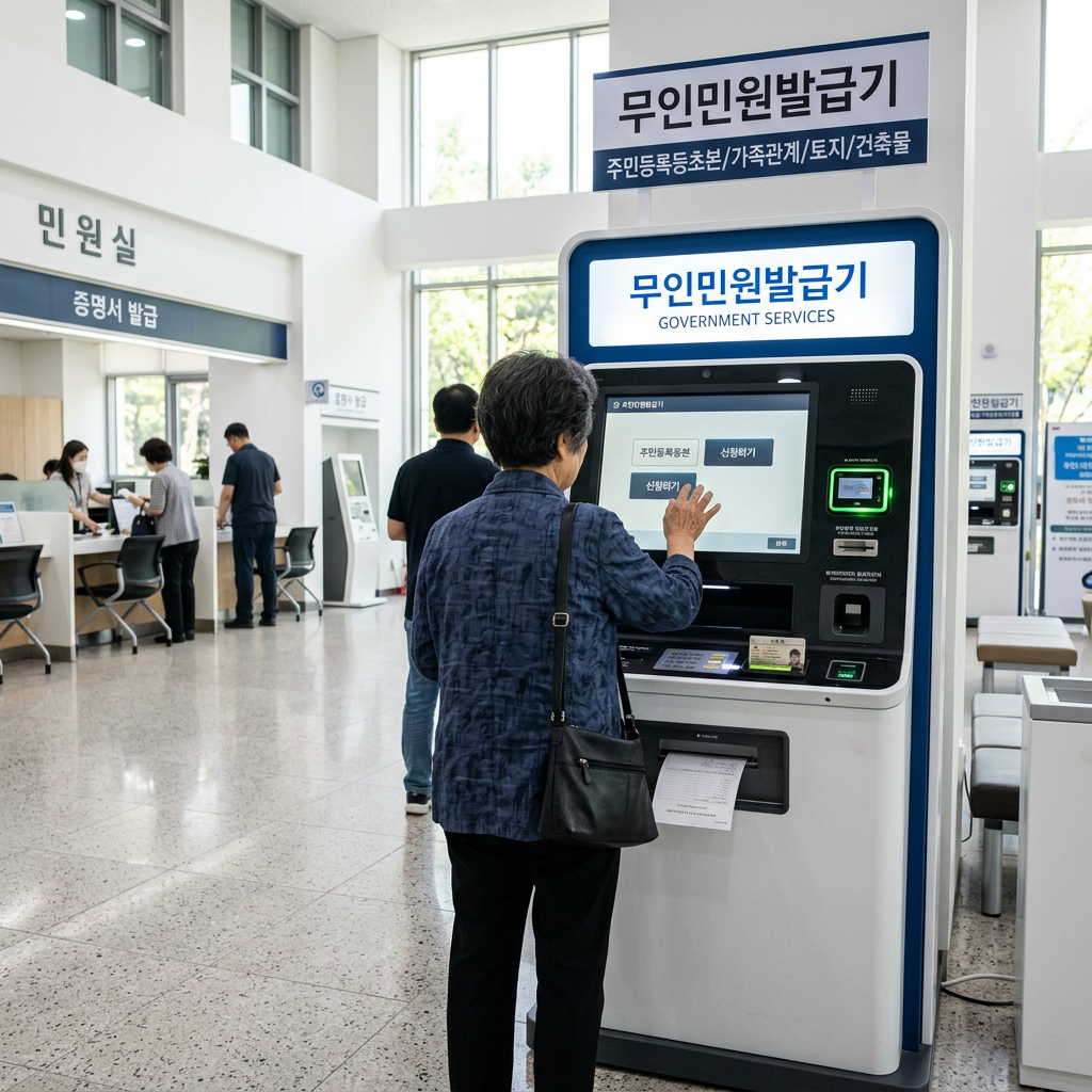 밝고 깨끗한 공공기관 건물에서 현대적인 무인민원발급기를 사용하고 있는 사람의 뒷모습, 실사