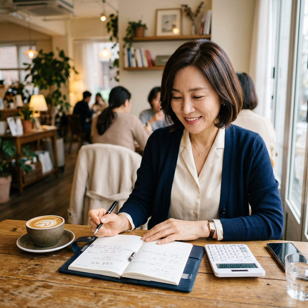 다이어리와 계산기를 놓고 현명한 소비를 고민하며 미소 짓는 세련된 중년 여성