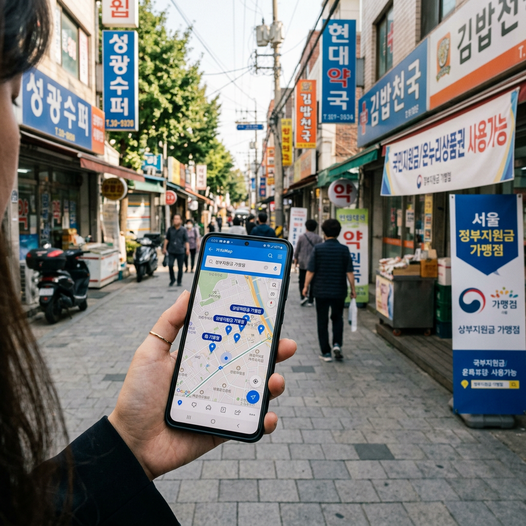 스마트폰 지도 앱을 켜서 주변의 정부지원금 가맹점을 검색하고 있는 손과 동네 풍경