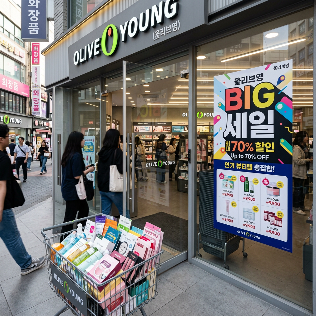 화장품이 가득 담긴 장바구니와 세일 포스터가 보이는 올리브영 매장 입구 풍경