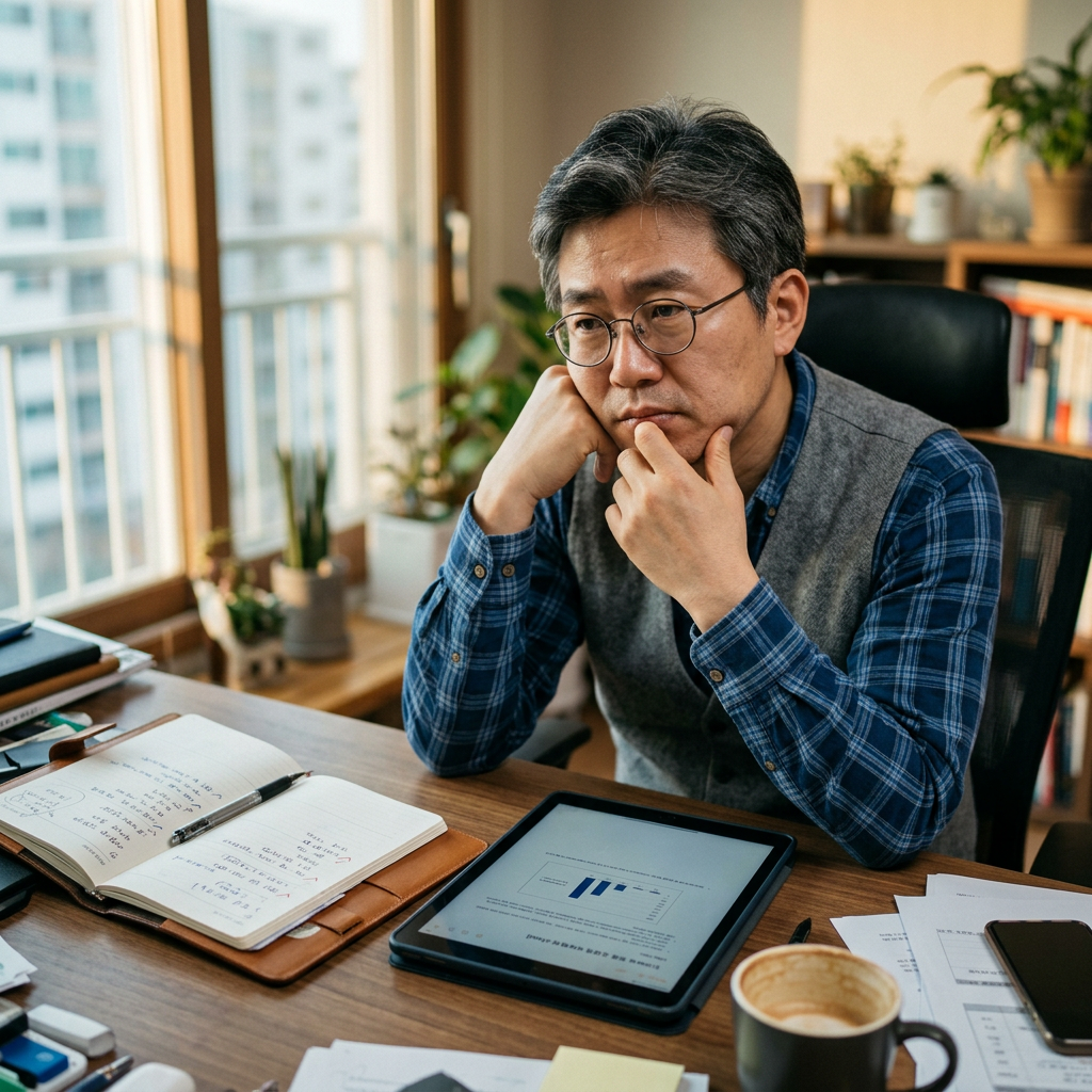 다이어리와 태블릿 PC가 놓인 책상에서 고민하는 40대 직장인의 모습