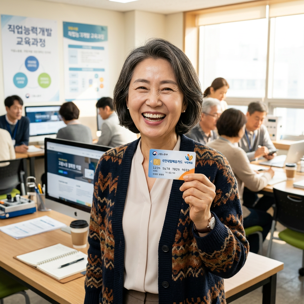 고용노동부 국민내일배움카드 실물과 밝게 웃고 있는 중장년층 여성