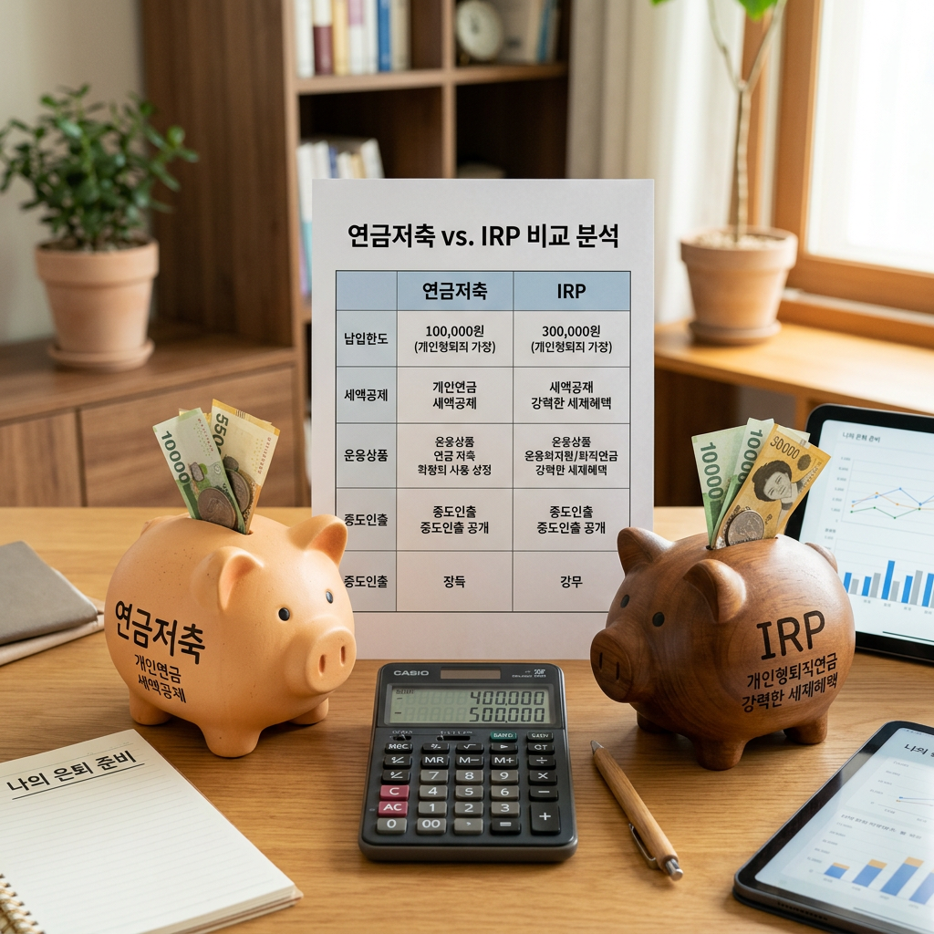 두 개의 저금통과 계산기, 연금저축과 IRP를 비교하는 금융 콘셉트