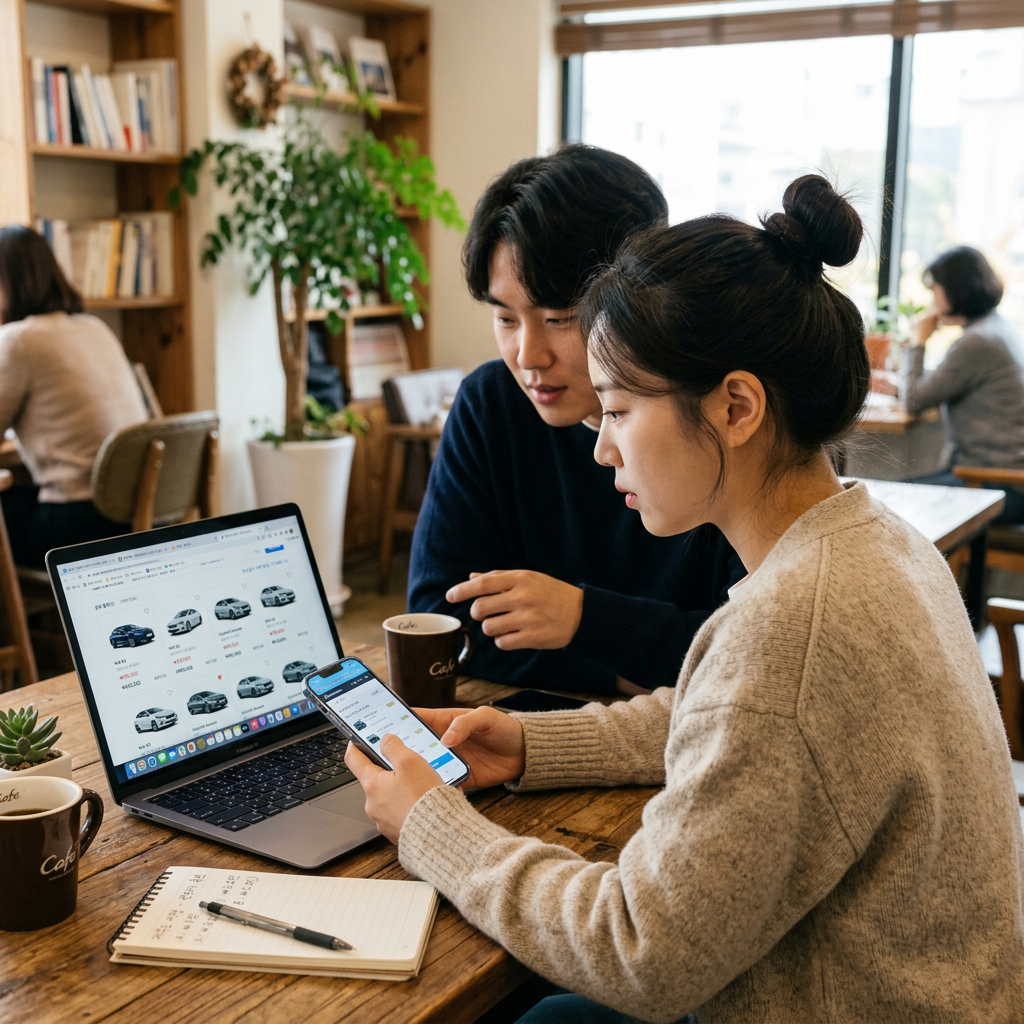 스마트폰과 노트북을 이용해 여러 제주도 렌트카 가격비교 사이트를 화면에 띄워놓고 검색하는 모습