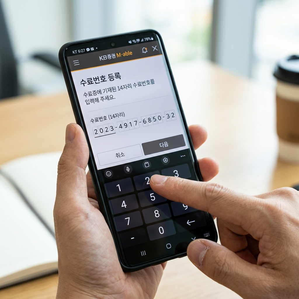 스마트폰 증권사 앱 화면에 14자리 수료번호를 입력하는 클로즈업 샷