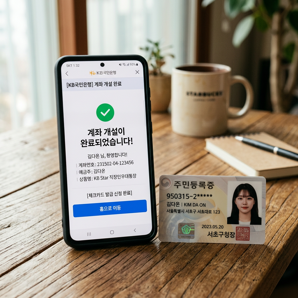 스마트폰 화면에 뜬 계좌 개설 완료 메시지와 옆에 놓인 신분증