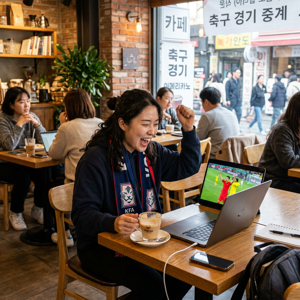 카페에서 커피를 마시며 노트북으로 축구 경기를 시청하며 환호하는 사람의 모습
