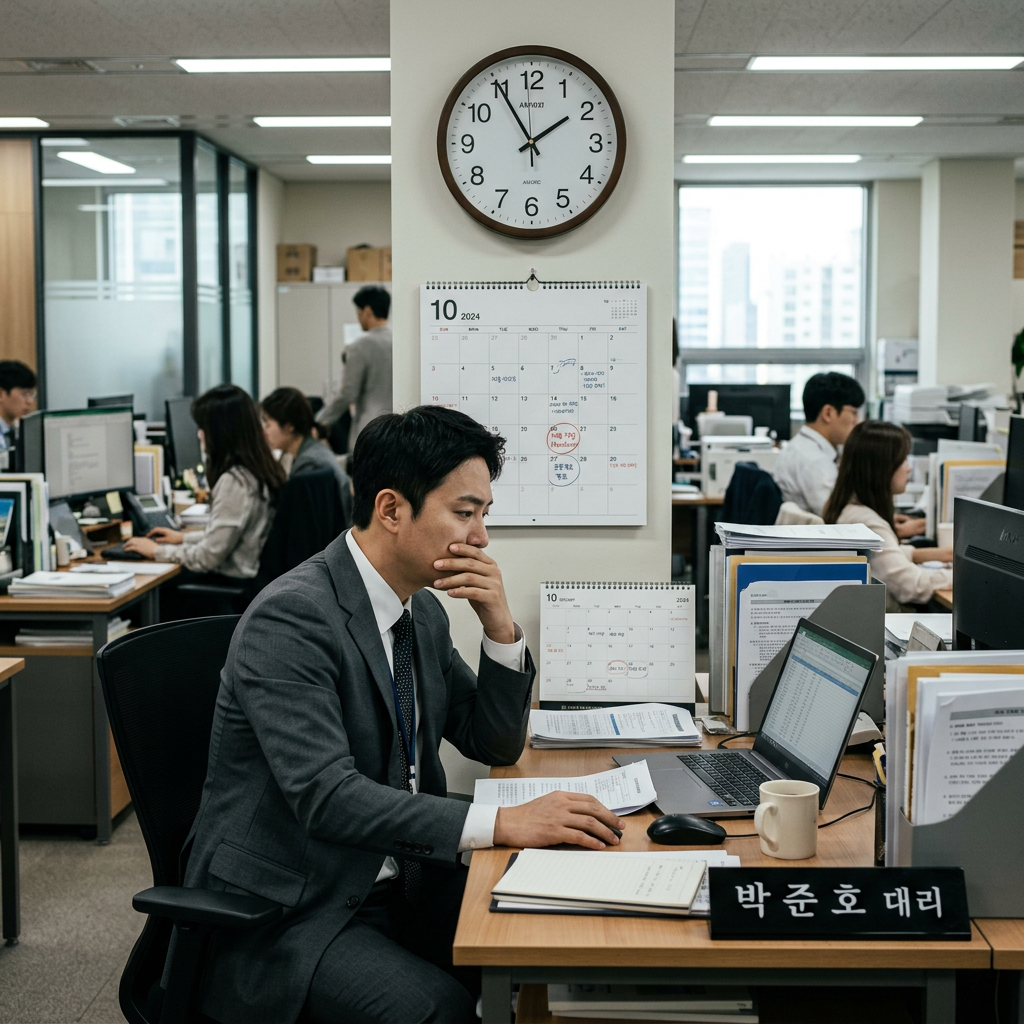 달력과 시계를 보며 고민에 빠진 정장 차림의 직장인 모습, 오피스 배경