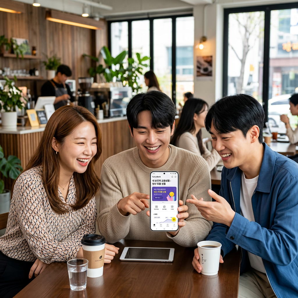 청년들이 스마트폰으로 금융 상품을 확인하며 미소 짓는 밝고 세련된 모습
