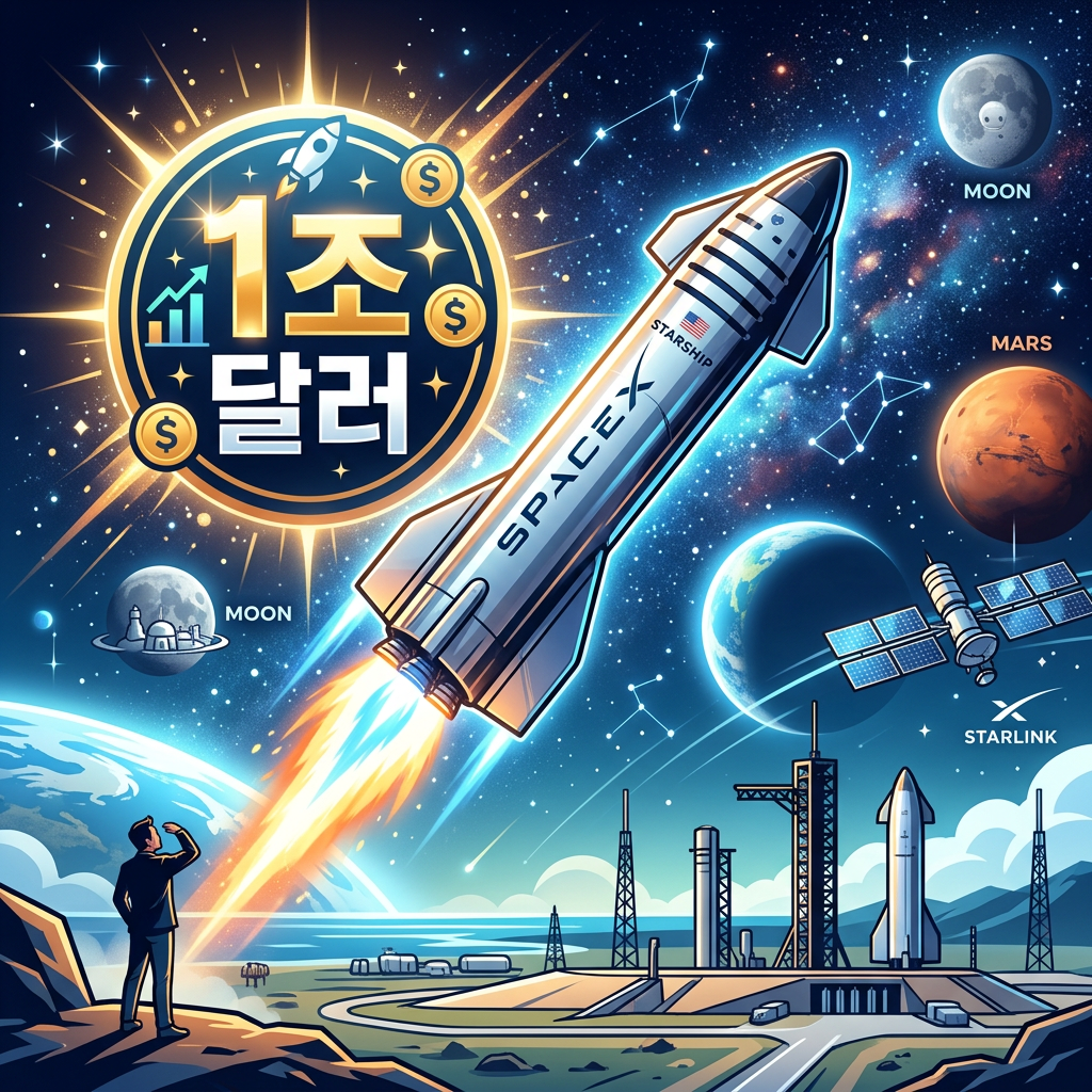일론 머스크의 성과와 우주를 향한 도전을 상징하는 우주선과 빛나는 1조 달러 아이콘의 그래픽 일러스트