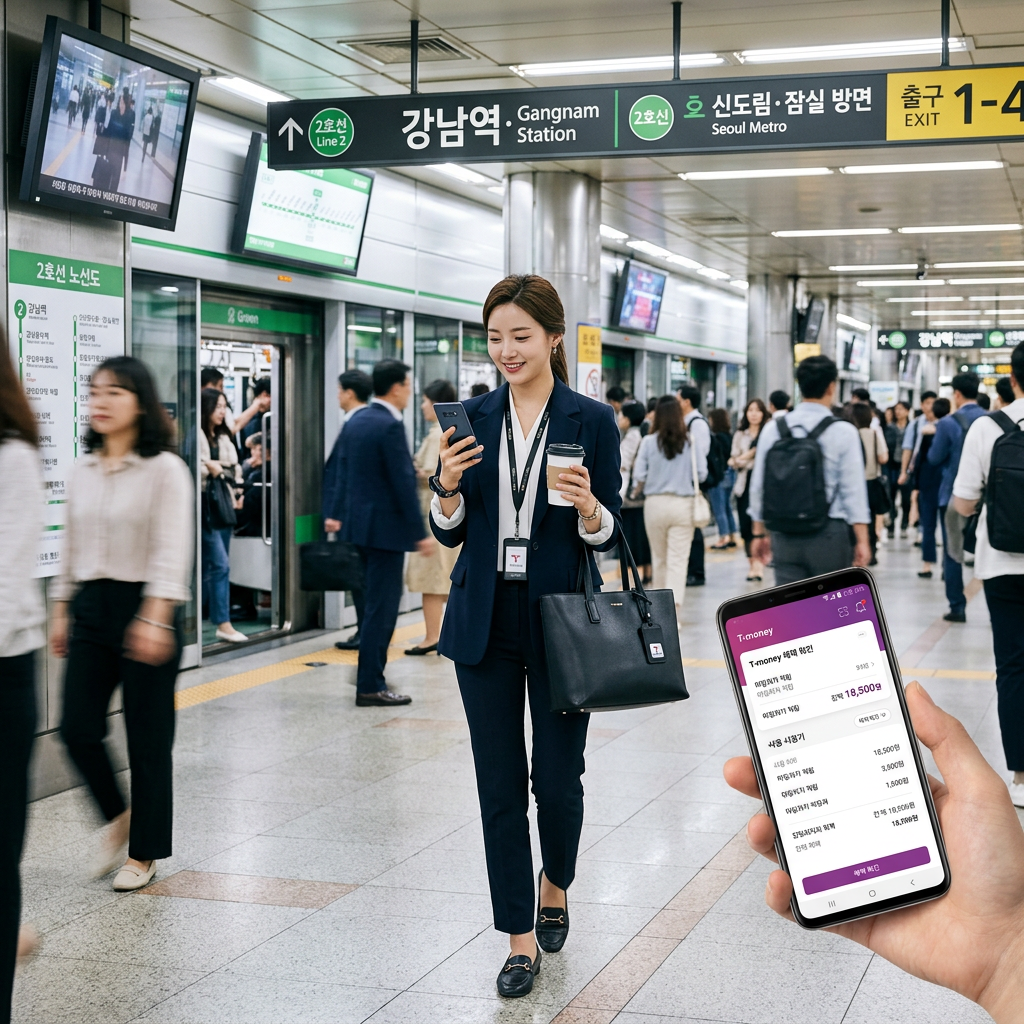 스마트폰으로 교통카드 혜택을 확인하며 출근하는 세련된 직장인의 모습, 지하철역 배경, 현대적인 분위기
